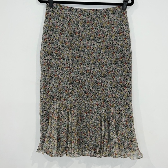 WOMEN Green Boho Microflower 100% Silk Knee Length Flowy Ruffle Skirt Size 10 - Picture 1 of 11